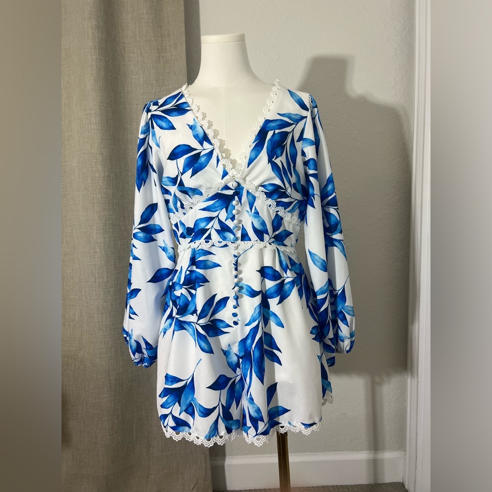 Coastal Chic Romper Medium Blue White Floral Romantic European Summer